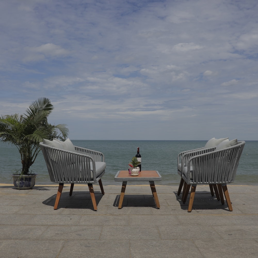 SAFAVIEH Outdoor Amelie 4 Piece Coastal Patio Chat Set - 55W x 31D x 28H