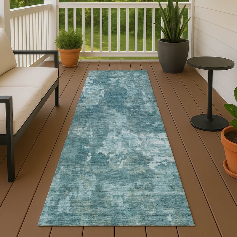 Machine Washable Indoor/ Outdoor Ombre Abstract Chantille Rug - Teal - 2'3" x 7'6"