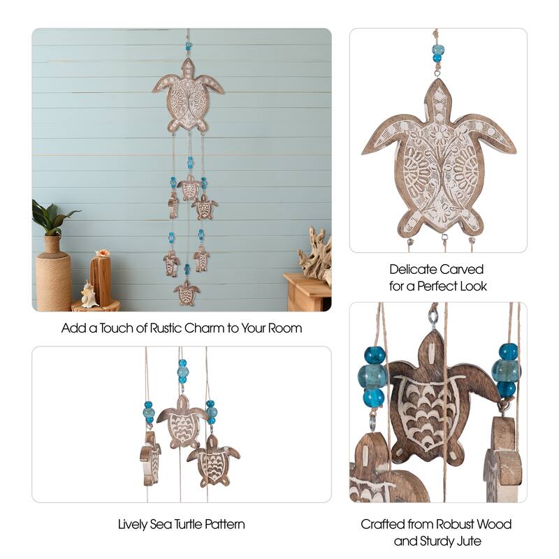 Sagebrook Home Coastal Charm, 35" Wood and Jute Sea Turtle Hangings, Multi-color - 8" x 1" x 35"