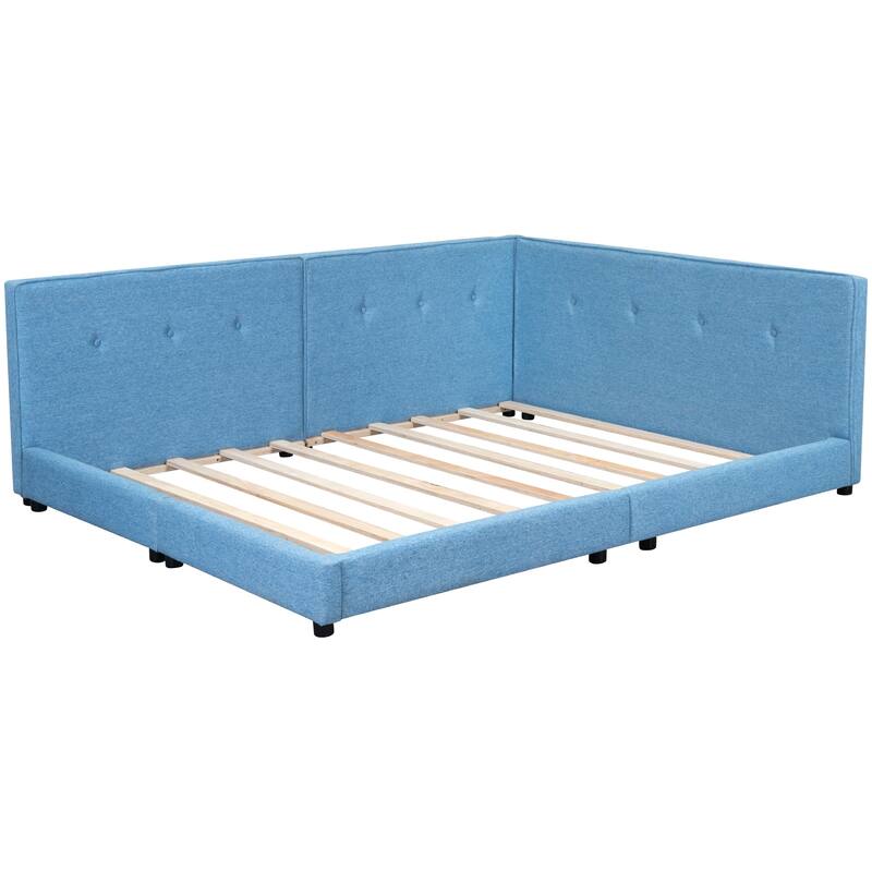 Full Size Linen Upholstered Low Platform Bed Frame with USB Ports