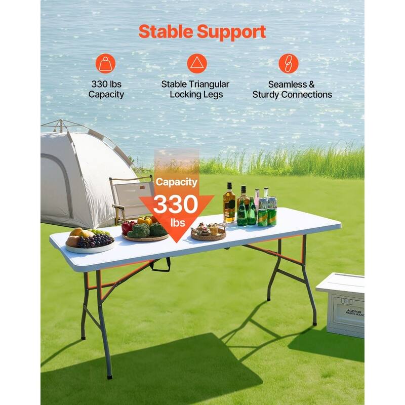 6ft White HDPE Folding Portable Camping Table with Carbon Steel Legs for 4-6 Person for Picnic or BBQ