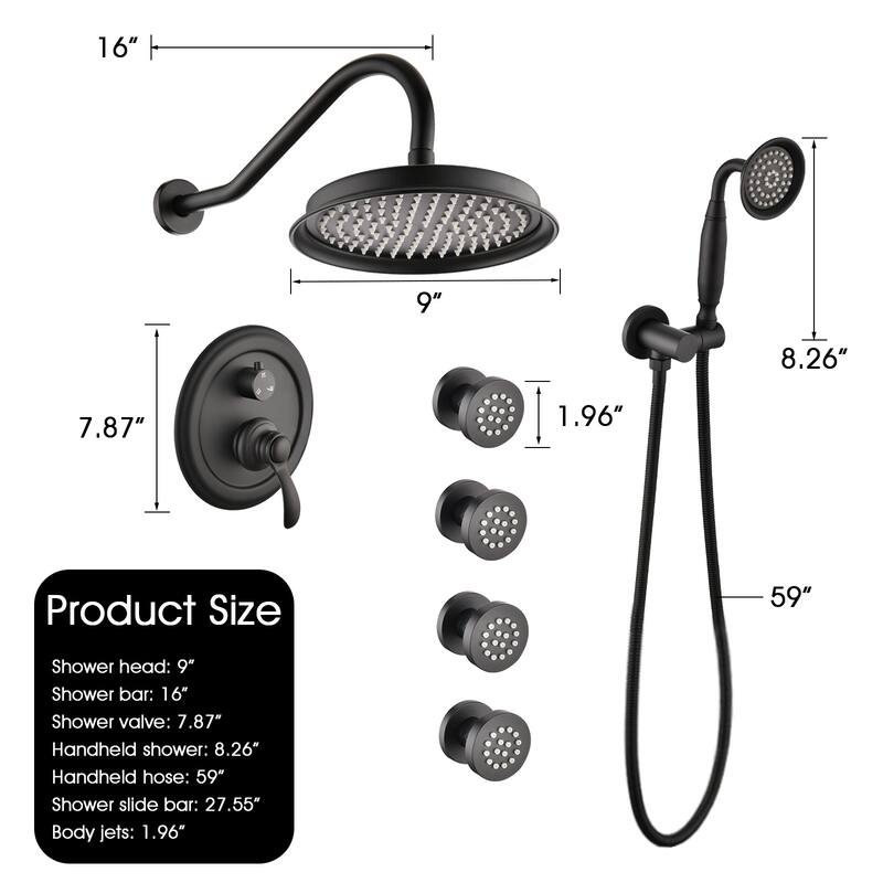 PROOX 9" Rain ShowerHead Body jet System with handheld shower Rough-in Valve