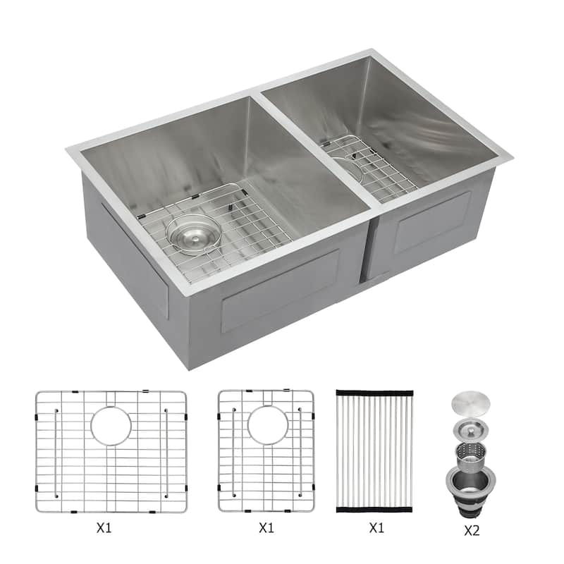 33 Inch Undermount Sink Deep Double Bowl 60/40 18 Gauge Stainless Steel Kitchen Sink - 33*19*9 inch - Brushed