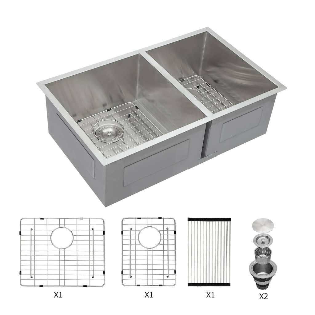 33 Inch Undermount Sink Deep Double Bowl 60/40 18 Gauge Stainless Steel Kitchen Sink - 33*19*9 inch