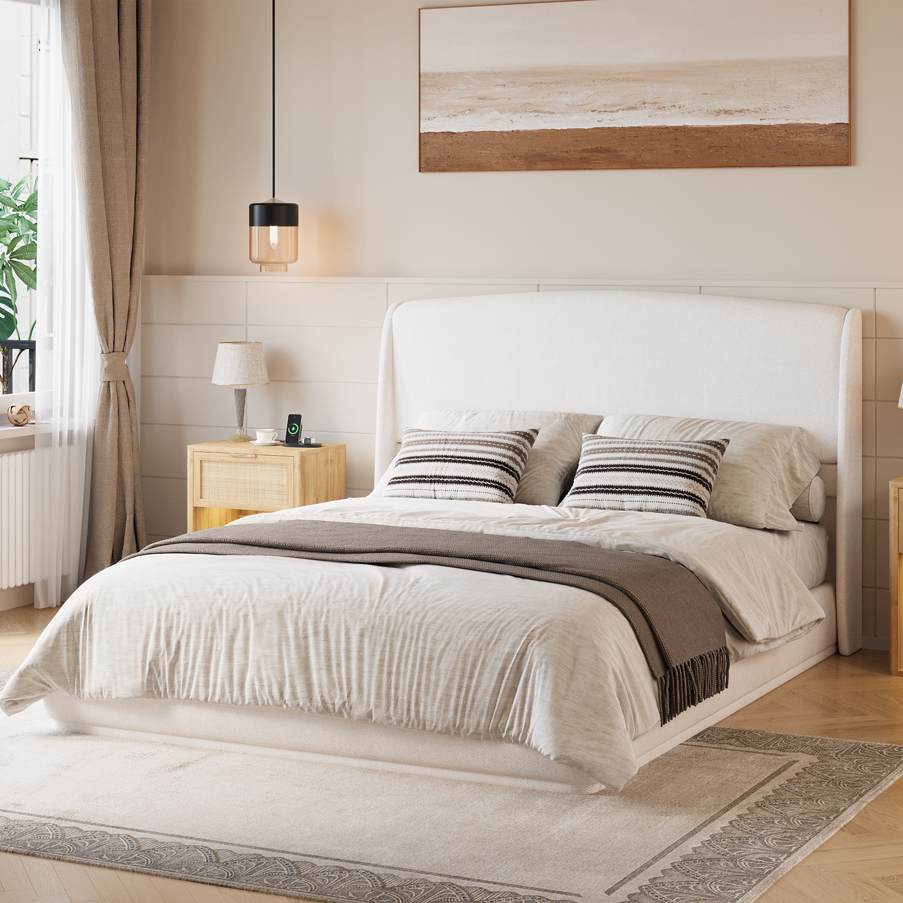 Queen Bed Frame Upholstered Wingback Headboard Low Profile Platform Bed