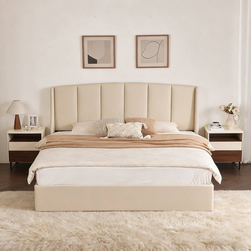 Linen Wingback Hydraulic Lift Up Storage Upholstered Platform Bed - Beige - King