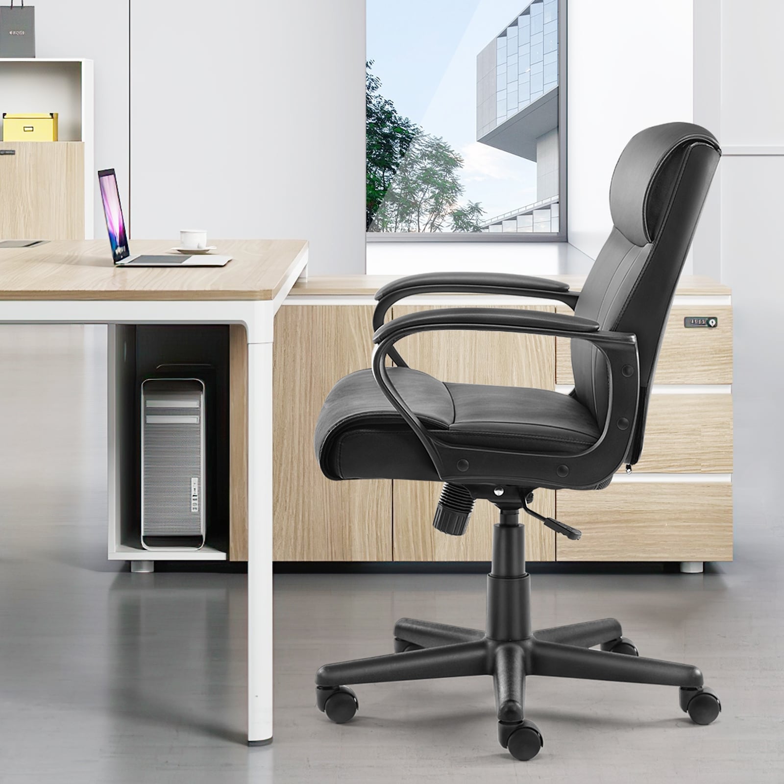 Black Back Office Desk Chair with Padded Armrests PU Leather Home