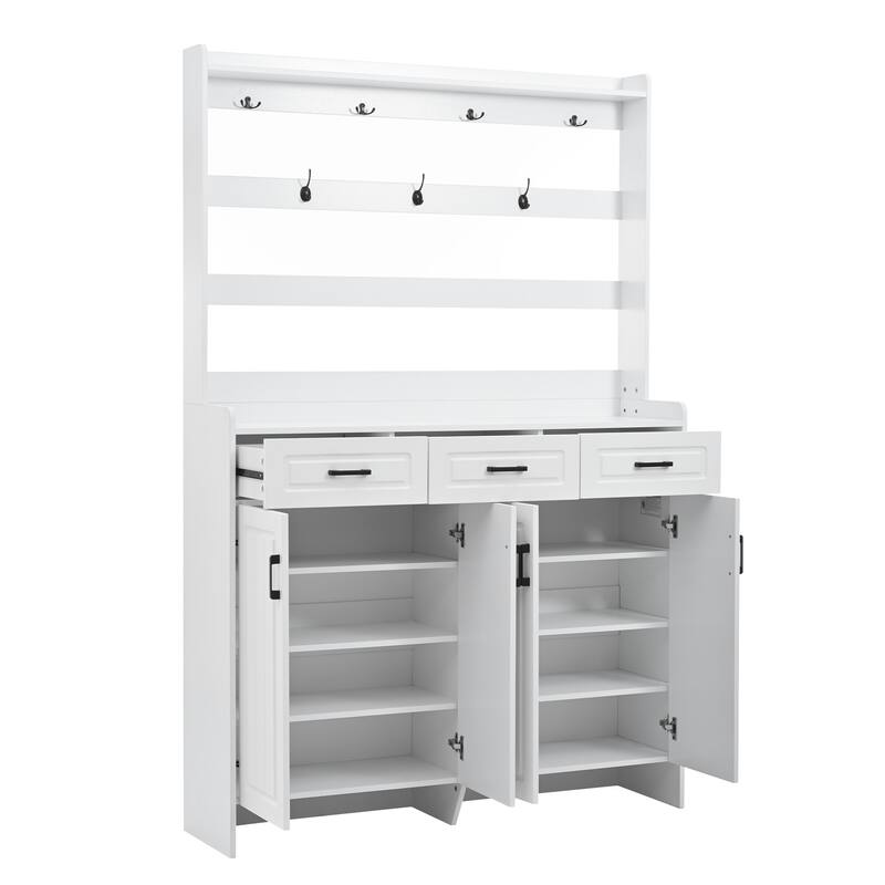 Roomfitters 51.2" Shoe Cabinet with Coat Rack, 4 Doors, 3 Drawers, 8 Shelves, Storage Organizer