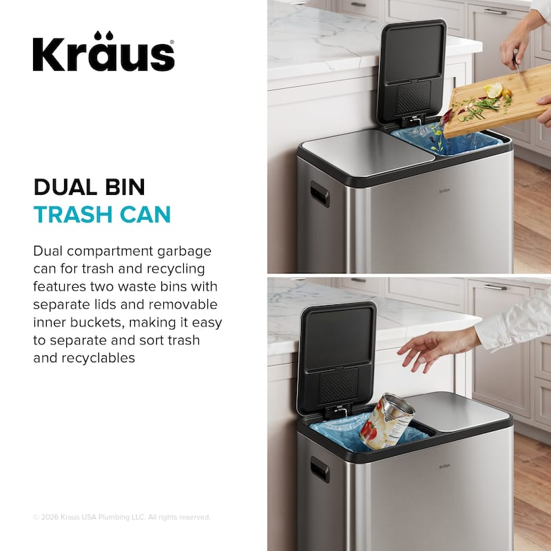 KRAUS WasteGuard 15.8 G 60 L Dual Compartment Pedal Kitchen Trash Can