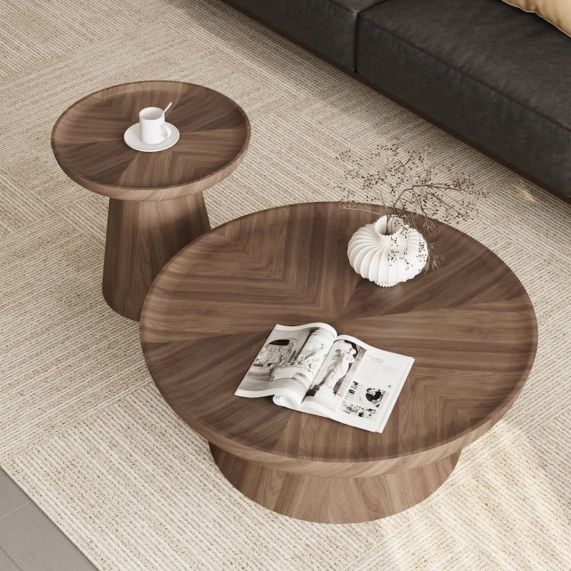 Round Walnut Nesting Coffee Tables 2-Piece Set - Modern Living Room Wooden Accent Tables, Stackable & Separable