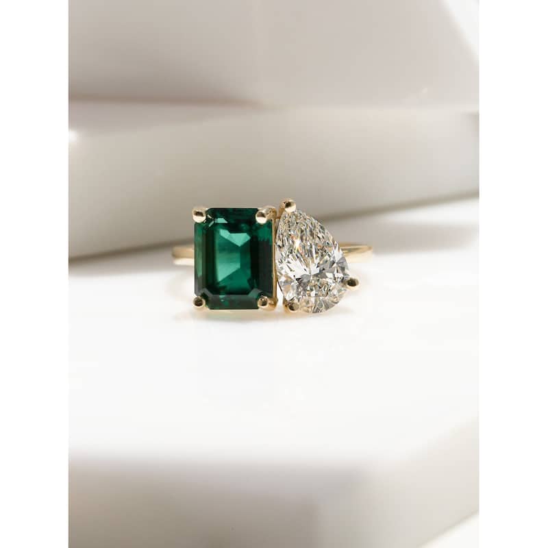 Kobelli Deep Green Emerald & White Lab Grown Diamond Certified 14k Solid Gold 2 Stone Toi et Moi Empress Ring (EF/VS)