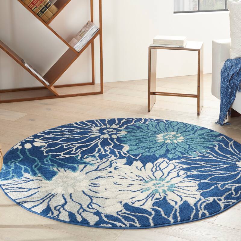 Nourison Passion Abstract Modern Floral Area Rug - 4' Round - Navy/Ivory