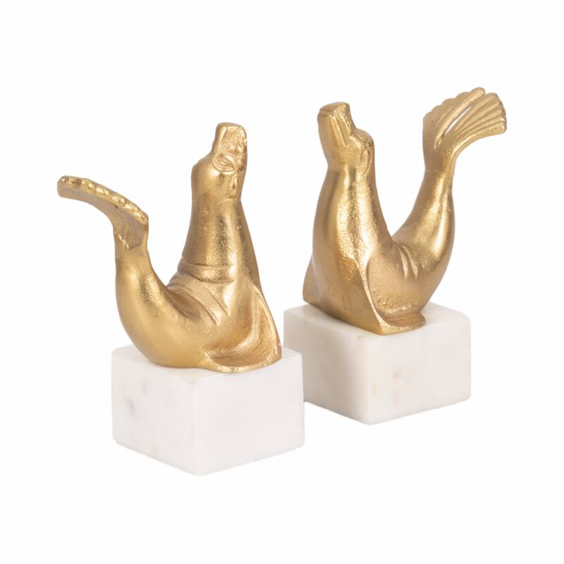 Decorative Sea Lion on Marble Base Bookends - Set of 2", 10", Gold - 10.0"