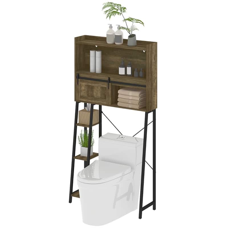 Bathroom Organizer Tower Over Toilet with Multiple Compartments and Sliding Door Storage - 31.5" W x 11.8" D x 60.6" H - Distressed Brown, Black