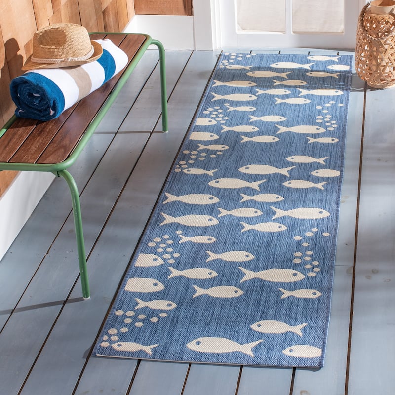 SAFAVIEH Courtyard Ragne Indoor/ Outdoor Waterproof Patio Backyard Rug - 2'3" x 16' Runner - Blue/Beige