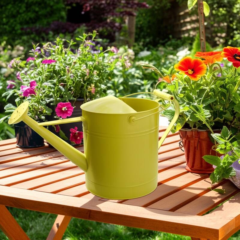 Metal and Wood Watering Can Long Spout Outdoor Garden Use - 10" Yellow - 20" x 9.5" x 10"