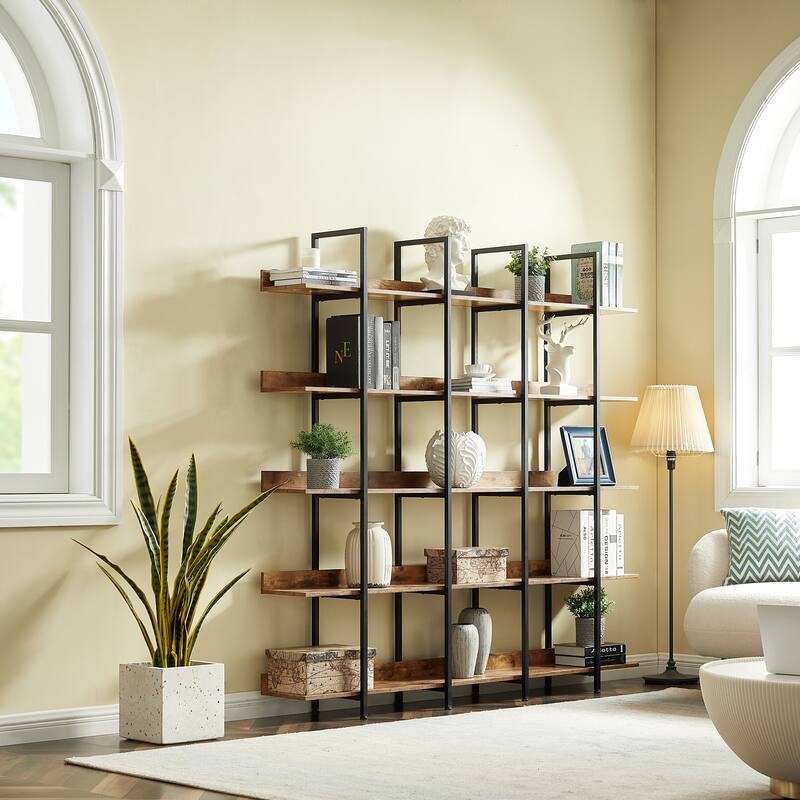 5 Tier Bookshelf Office Bookshelf Metal Frame MDF Board Industrial Style