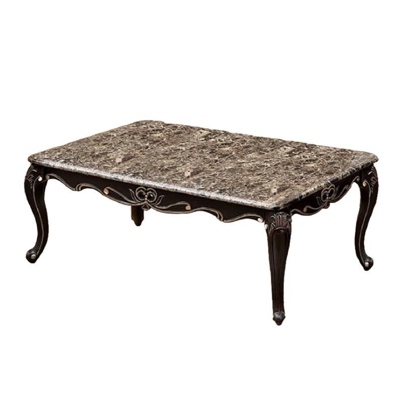 Ery Coffee Table, Dark Walnut Brown Wood, Carved Details, 48 Inch