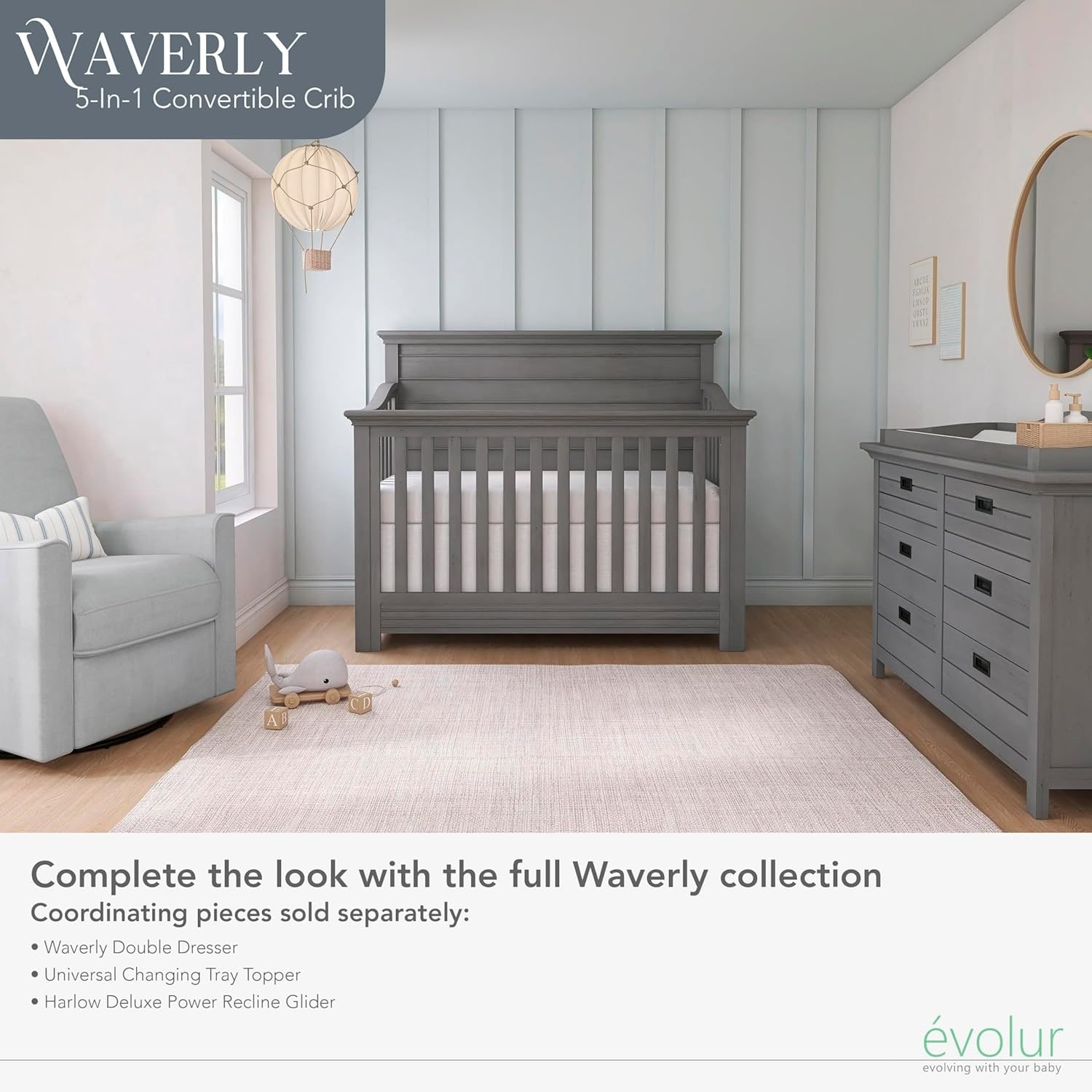Evolur Waverly 5-in-1 Full Panel Convertible Crib Rustic Grey