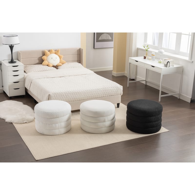 Velvet Round Ottoman with Storage, Footstool with Wooden Shelving, Multifunctional Round Vanity Stool for Makeup