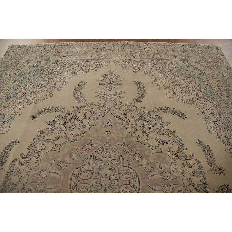 Beige Tabriz Persian Vintage Area Rug Hand-knotted Wool Carpet - 9'5" x 11'10"