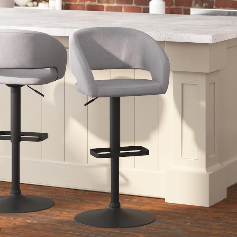 Modern Upholstered Adjustable Height Swivel Barstool with Footrest - Gray Fabric/Black Frame