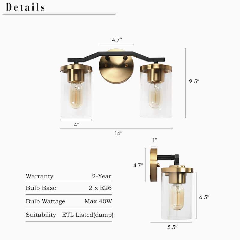 Modern Farmhouse 2-Light Black Gold Bathroom Vanity Light Dimmable Wall Sconces with Cylinder Glass - 14'' L x 5.5'' W x 9.5'' H