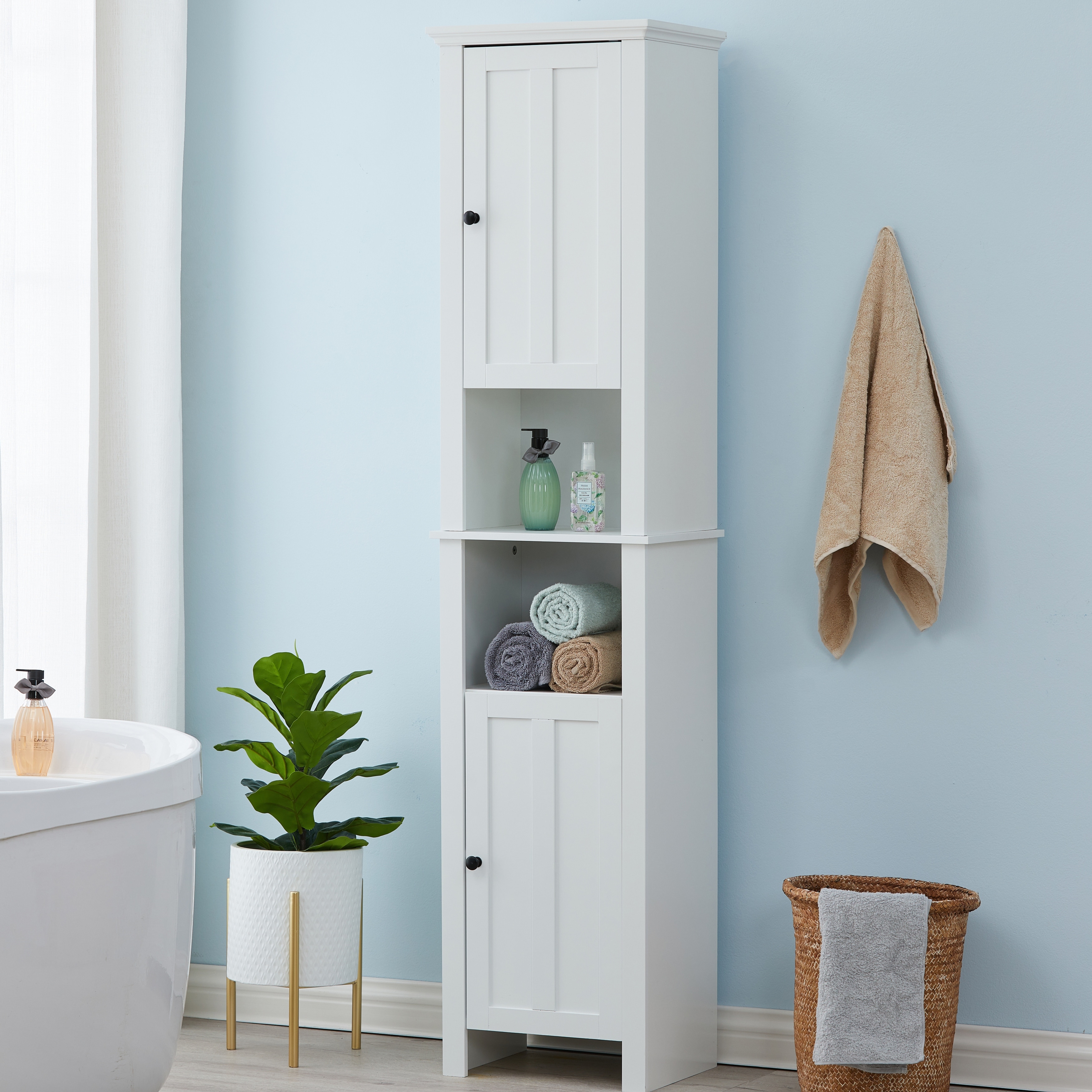 Tall White Finish Slim Linen Tower Bathroom Towel Storage Cabinet Wood Organizer