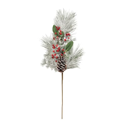 Snowy Long Needle Pine & Berry Branch - White, Green, and Brown
