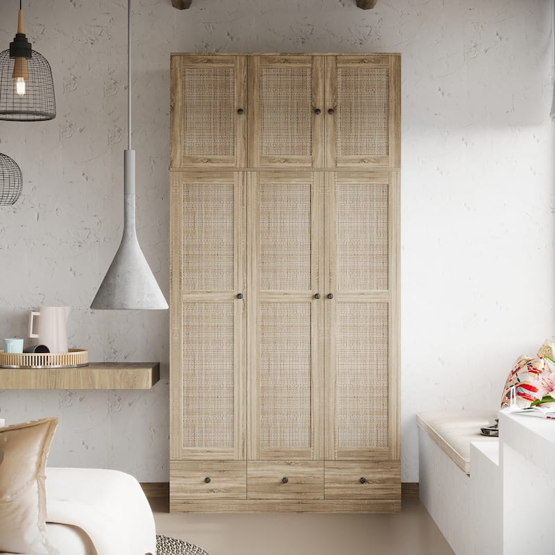 Large Storage Wardrobe Versatile Rattan Door Closet with Deep Drawers - 94.5"X47.2"