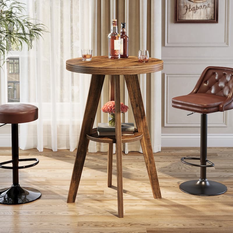 2-Tier High Bar Table, Round Wooden Patio Dining Table - Walnut