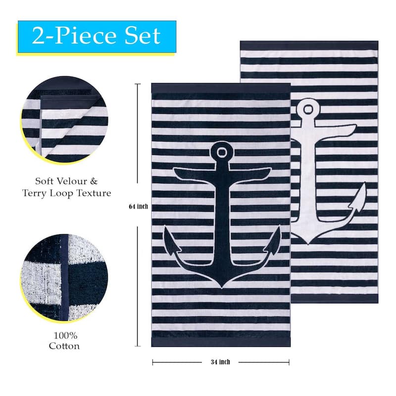 Yacht Club Cotton Oversized Soft 2-Piece Beach Towel Set by Superior