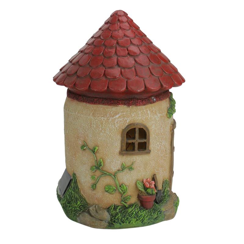 11.5" LED Lighted Solar Powered Round Mushroom-Esque House Outdoor Garden Statue