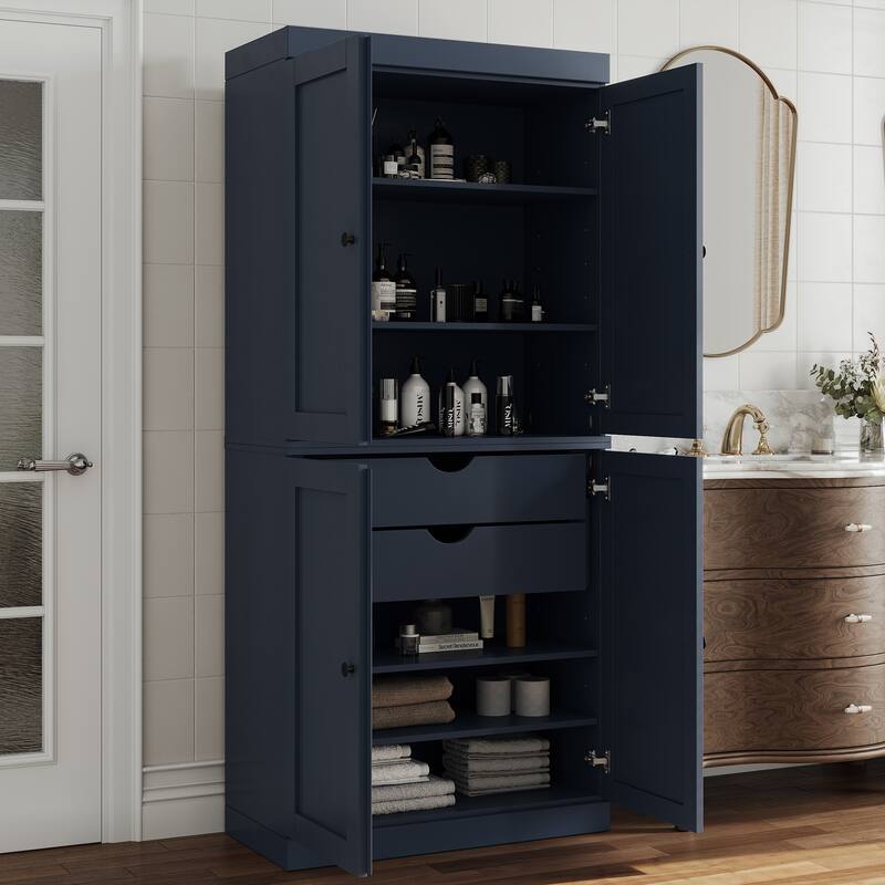 Palace Imports 100% Solid Wood Bathroom Storage Cabinet, Shaker Doors, 2 Drawers, Adjustable Shelves, 32" Wide, 71.5" Tall - Antique Blue