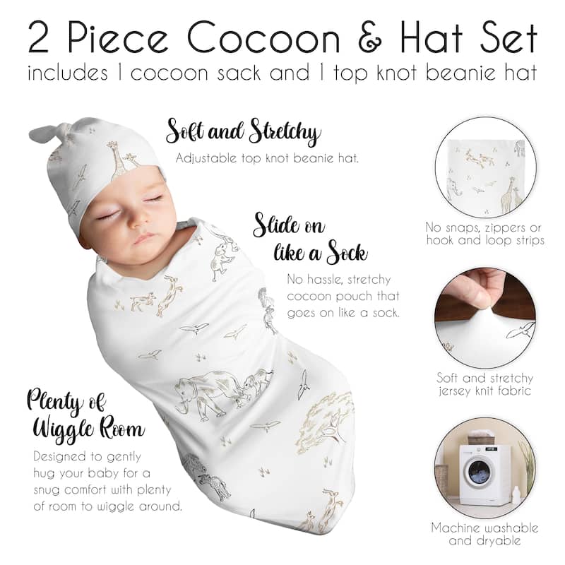 Sweet Jojo Designs Jungle Safari Animal Boy Girl Gender Neutral Unisex Baby Cocoon and Beanie Hat Sleep Sack 2p Elephant Giraffe