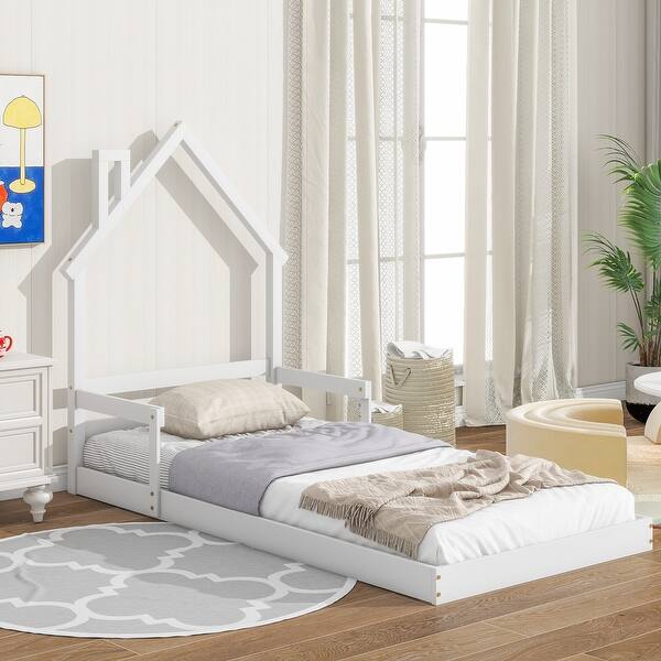slide 2 of 9, White Twin Size Pine Wood House-Shaped Headboard Floor Bed with Handrails Twin - White