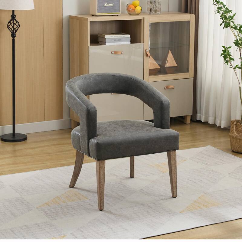 25.79" Wide Modern Barrel Open Back Upholstered Accent Chair with Weathered Solid Wood Legs - Gray PU