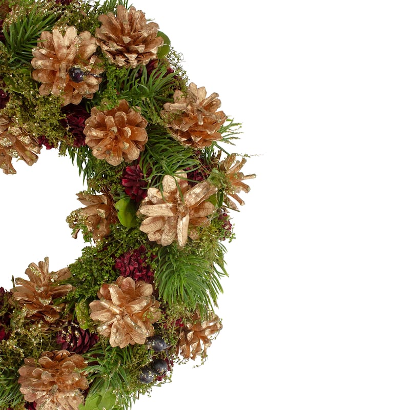 12" Green, Gold, and Red Glitter Pinecones Christmas Wreath