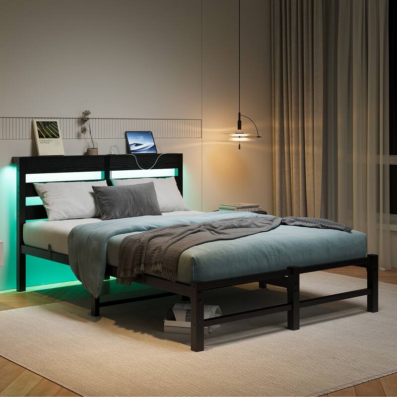 Metal Bed Frame with Wooden Headboard, RGB Lights, Outlets & Charger, Storage Shelf