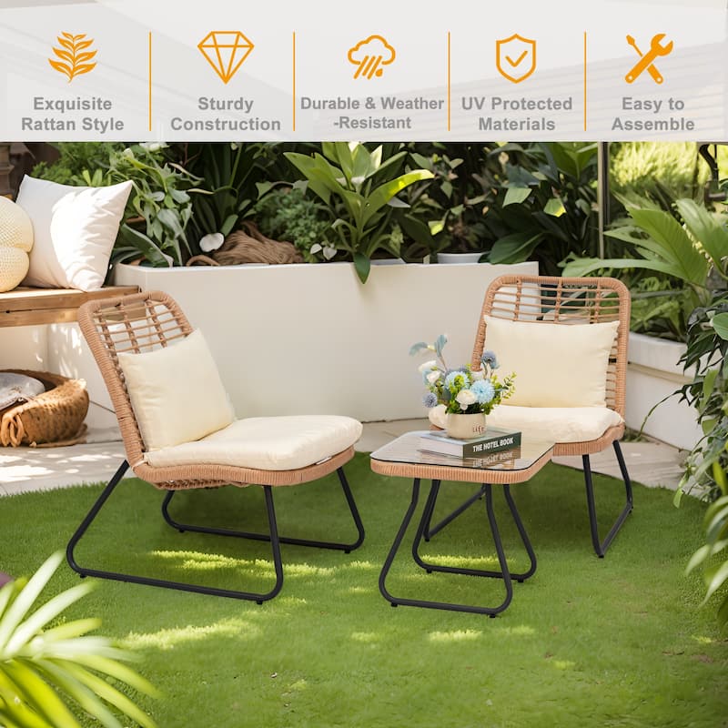 Outdoor Patio Furniture Sets Rattan Wicker Bistro Sets with Cushions (Set of 3) - 23.2"L x 29.5"W x 32.3"H
