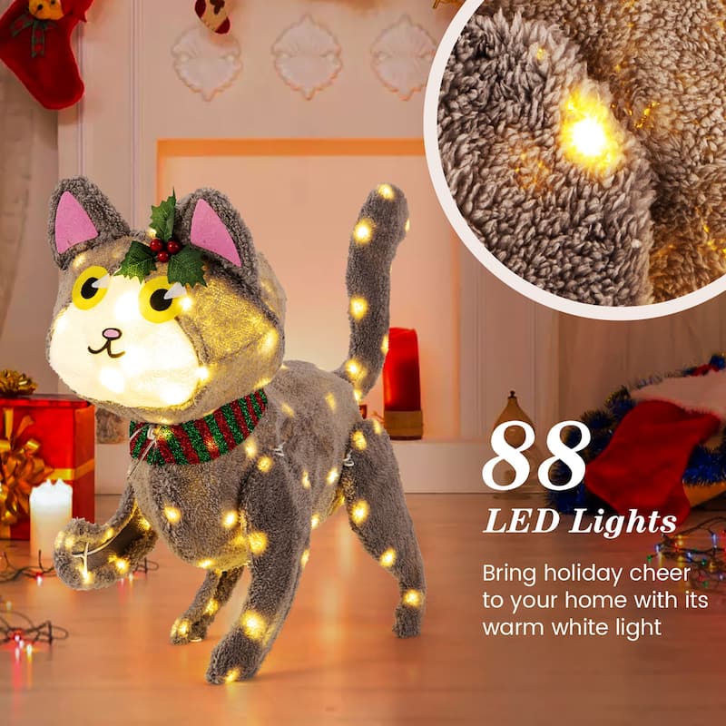 Gymax Lighted Christmas Cat w/ 88 LED Lights 4 Ground Stakes Cable - Multi - See Details
