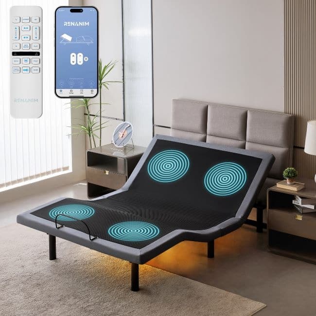 Renanim Adjustable Bed Base with Dual Massage - USB, Under Bed Light, Zero Gravity, App Control, Head and Foot Incline - Full