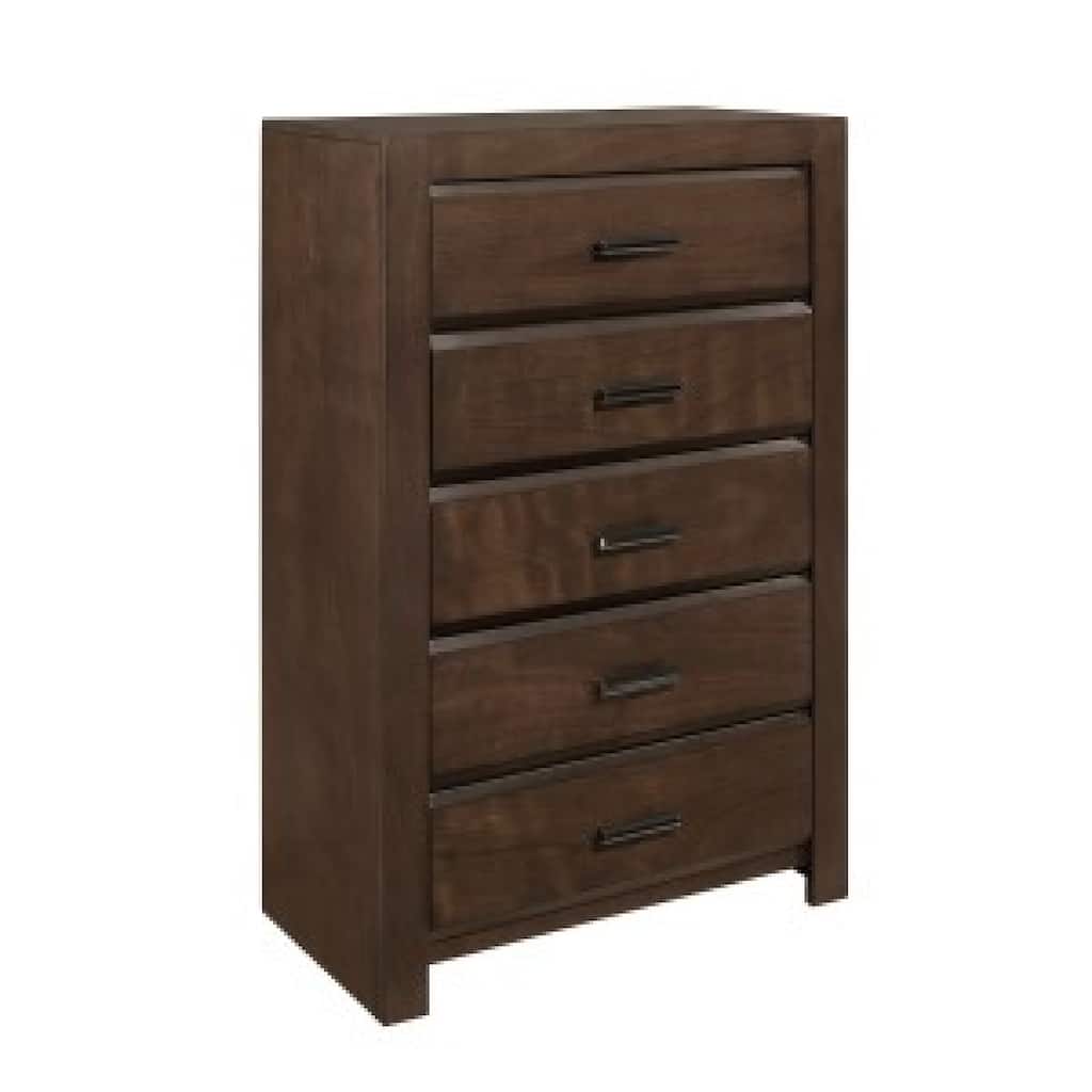 Rawn Tall Dresser Chest, 5 Drawers w Metal Handles, Brown Okume Veneer