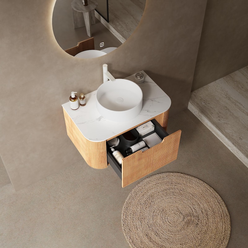 Plywood Wall-Mounted Bathroom Vanity Set with Integrated Ceramic Sink in Natural Wood