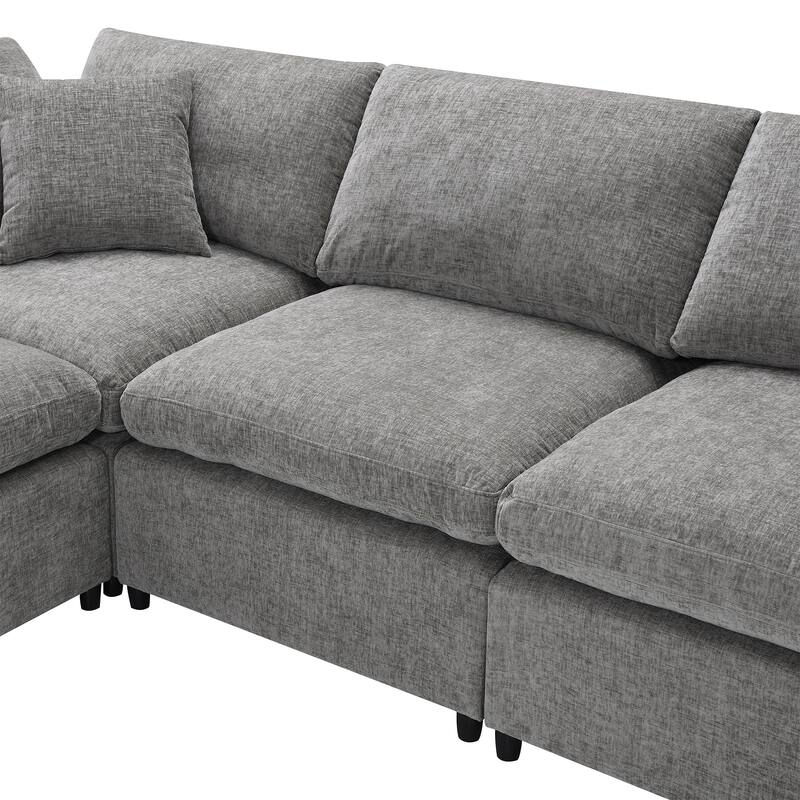 130" Chenille Modular Cloud Sofa with Ottoman, U-Shaped 6-Seater, 330lb Capacity
