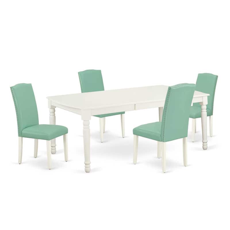 Rectangular Dining Table Set - 5 Piece Table & Chair Set with Leaf - 60x78" Table - Linen White Legs
