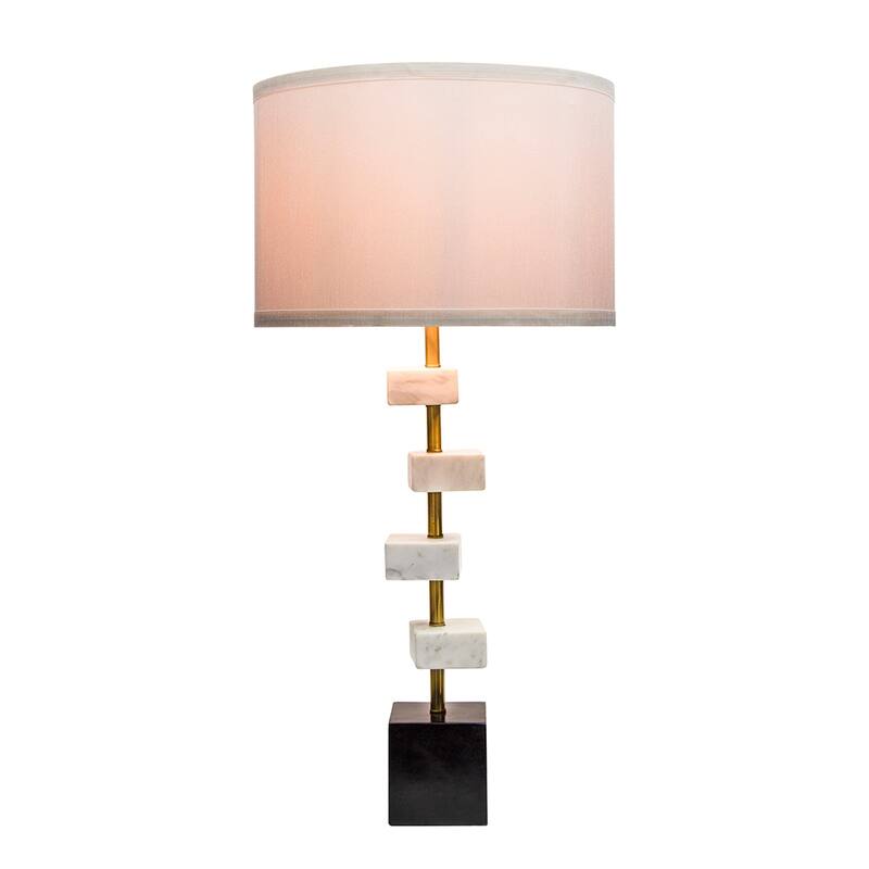 Marble Table Lamp with Brass Frame and White Fabric Shade Modern Vintage Style
