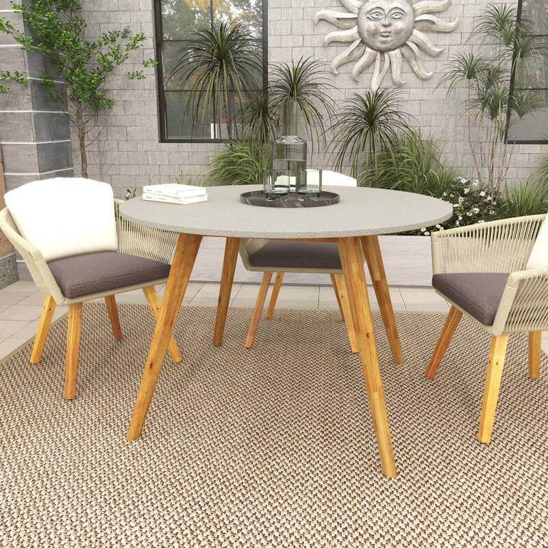 Gray Concrete Inspired Oval End Table Outdoor Accent Table with Brown Tapered Wood Legs