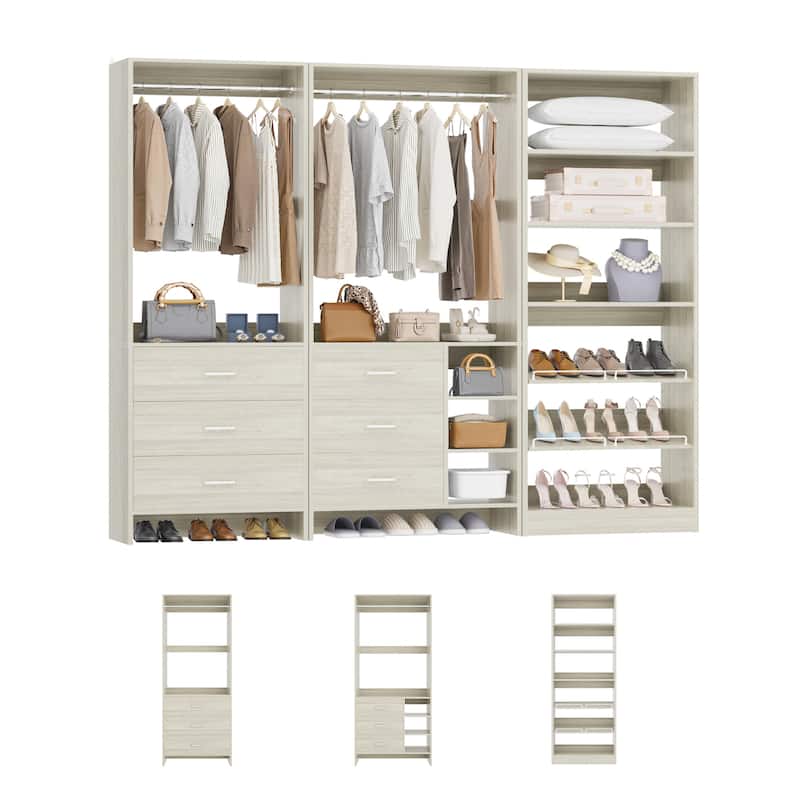 Set of 3 Closet System with Drawers and Shoe Rack, Freestanding Closet Organizer with Hanging Rods and Tower Shelves