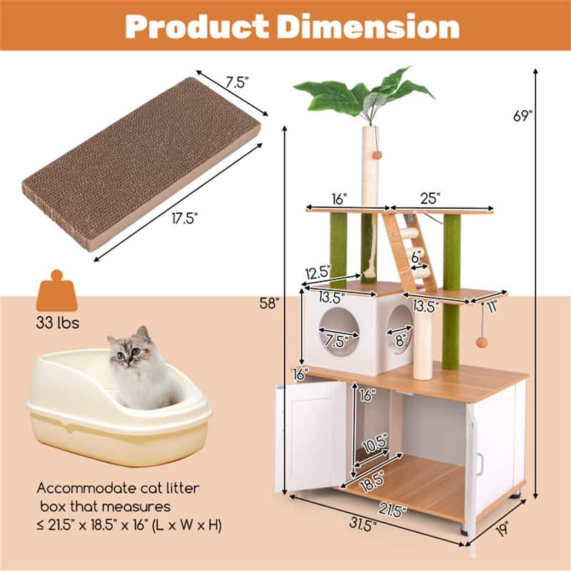 Cat Tree with Cabinet & Condo, Scratching Posts, Interactive Toys & Odor-Free Enclosure - 31.5" x 19" x 69"